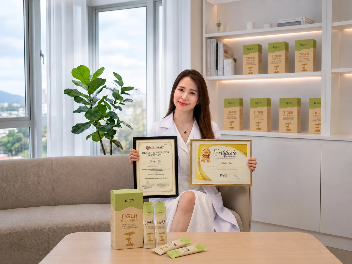 Coach Stella holding her health and wellness certificates with Tigrox Tiger Milk King